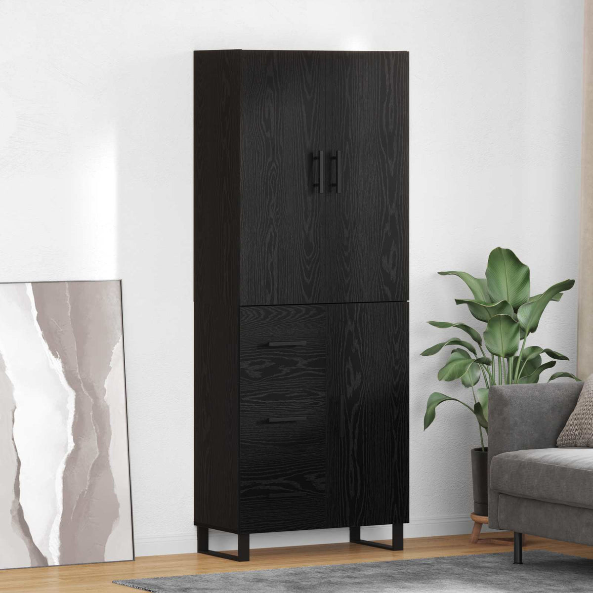 Highboard 2 stk. Sort eg 69,5 x 34 x 180 cm Ingeniørtræ og glas