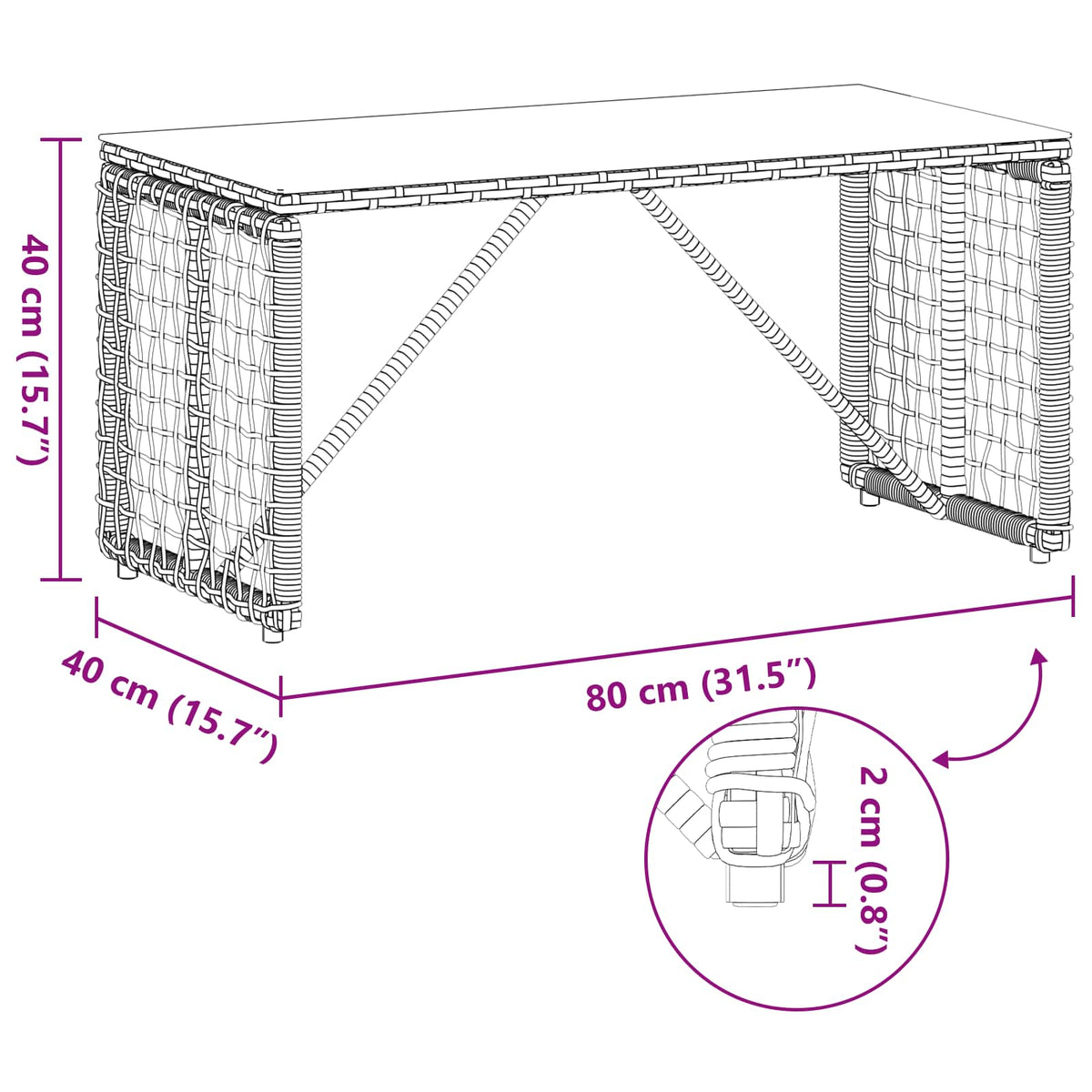 Udendørs Bord Sort 80 x 40 x 40 cm PE Rattan og Glas