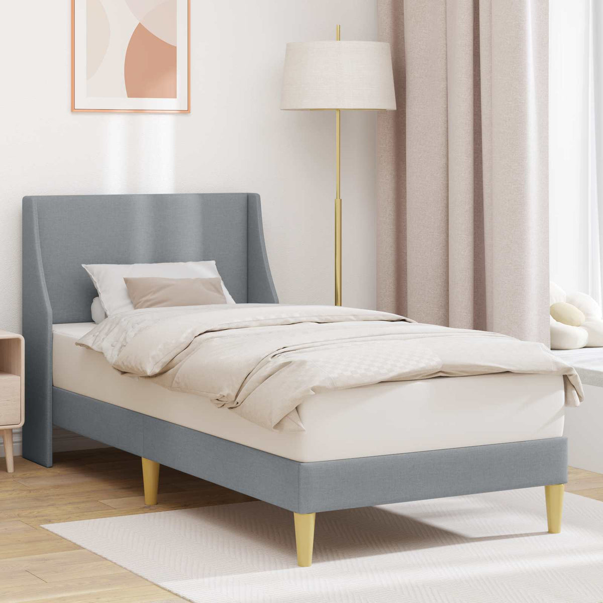 Sengestel Ensfarvet med hovedgærde Lysegrå 90 x 200 cm Stof