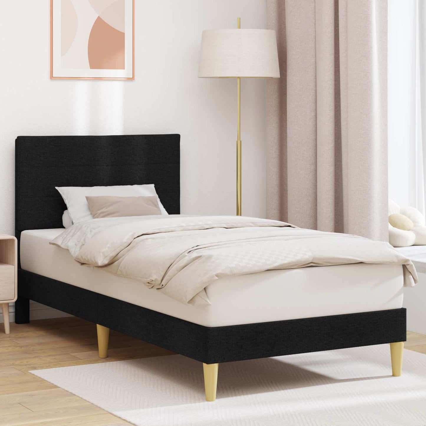 Sengestel med hovedgærde Sort 90 x 190 cm Stof