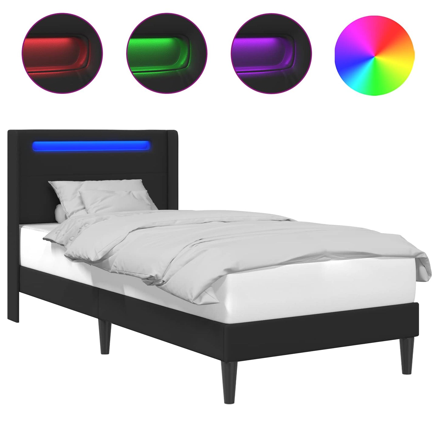 Sengestel med LED-lysstrimler Sort 90 x 190 cm Kunstlæder