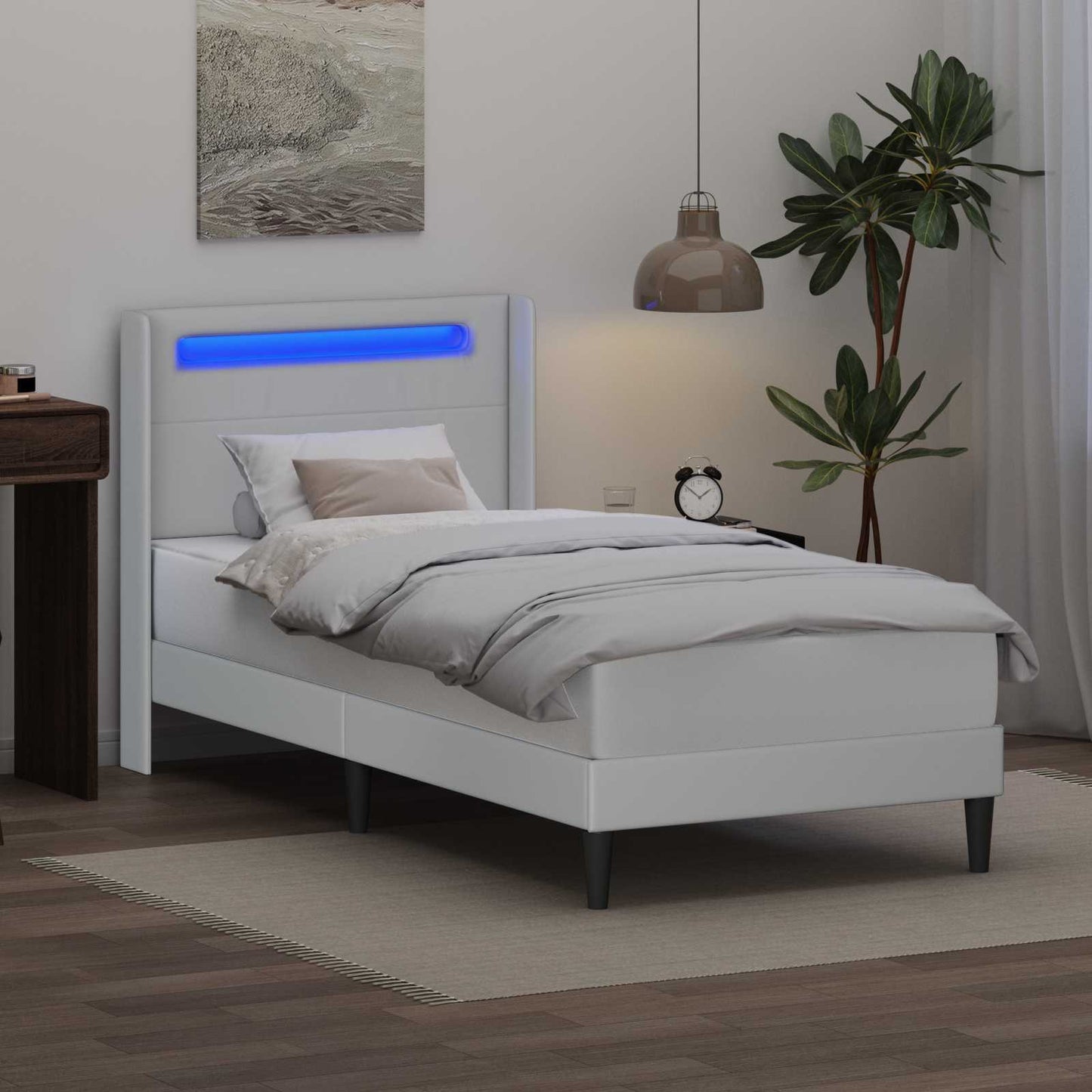 Sengestel med LED-lysstrimler Hvid 90 x 200 cm Kunstlæder