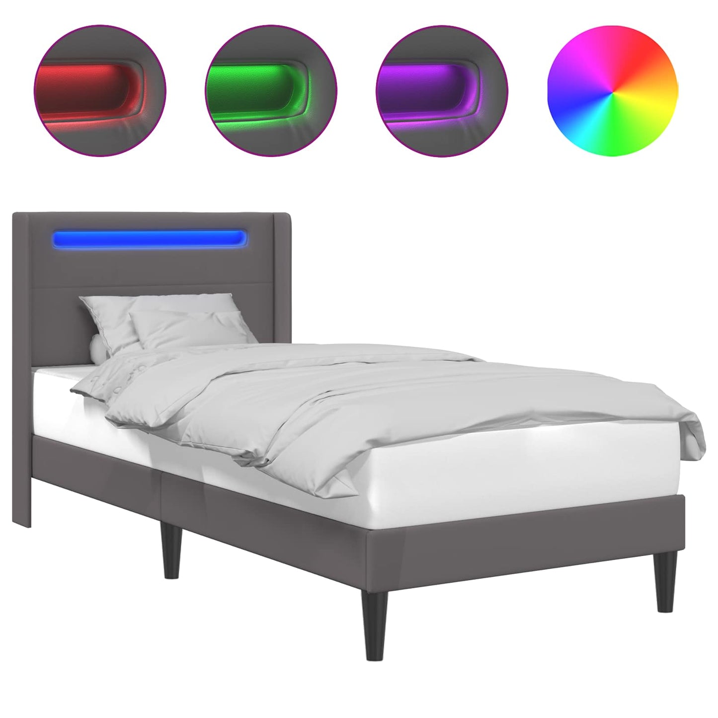 Sengestel med LED-lysstrimler Grå 100 x 200 cm Kunstlæder