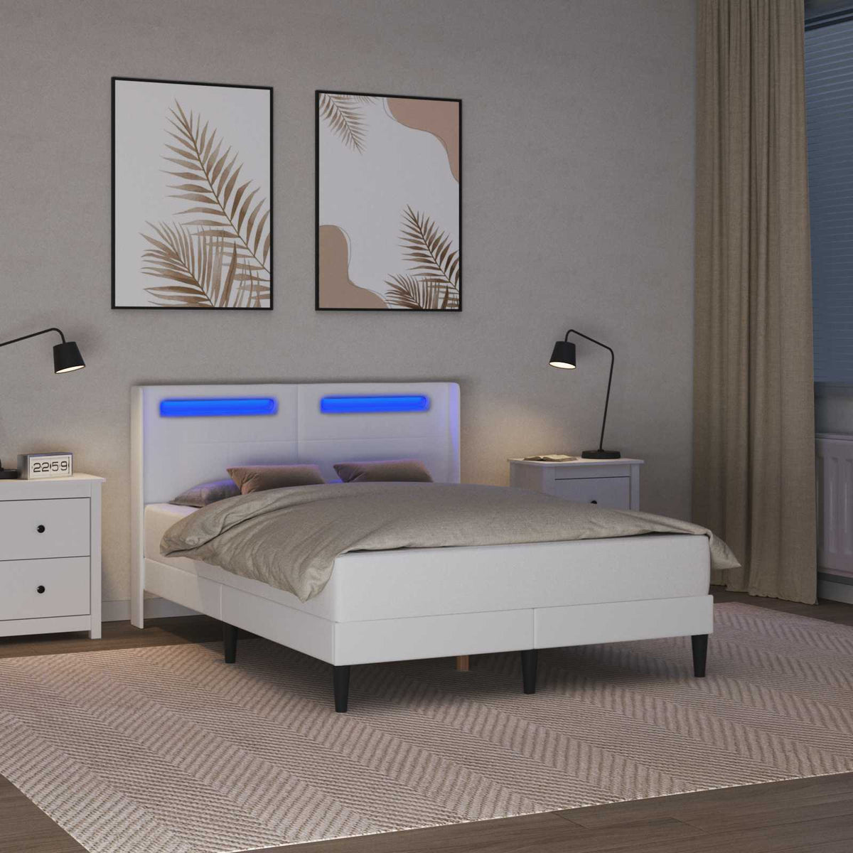 Sengestel med LED-lysstrimler Hvid 140 x 190 cm Kunstlæder