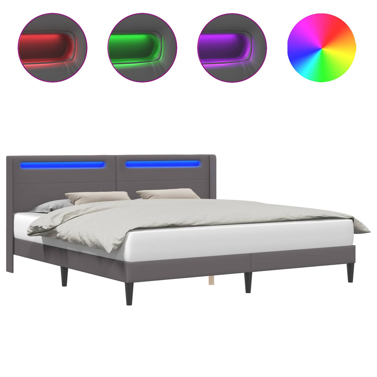 Sengestel med LED-lysstrimler Grå 200 x200 cm Kunstlæder