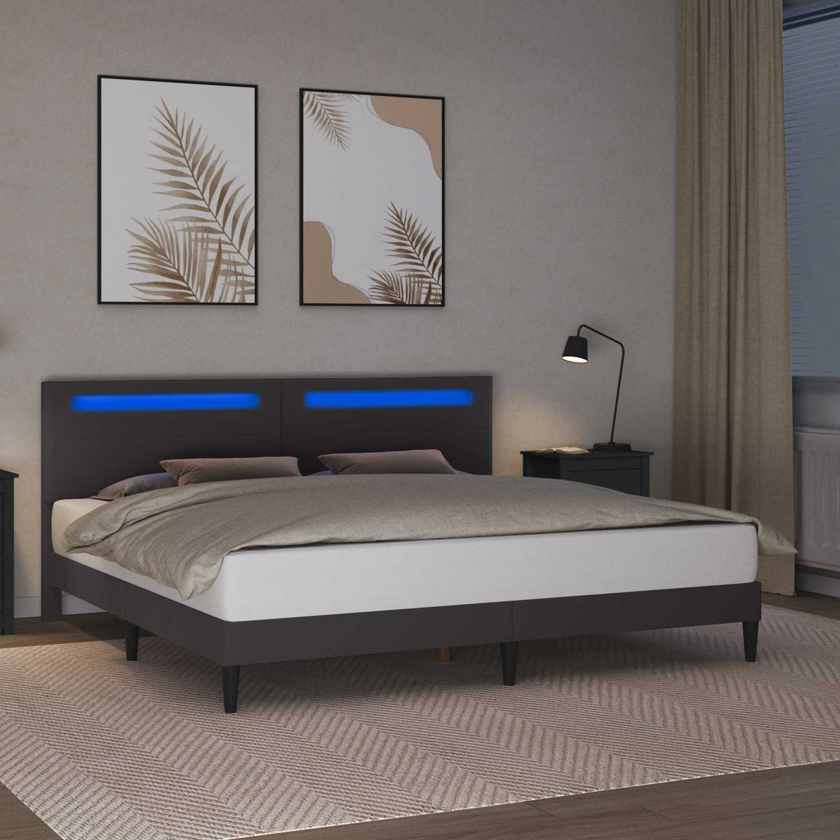 Sengestel med LED-lysstrimler Grå 200 x 200 cm Kunstlæder