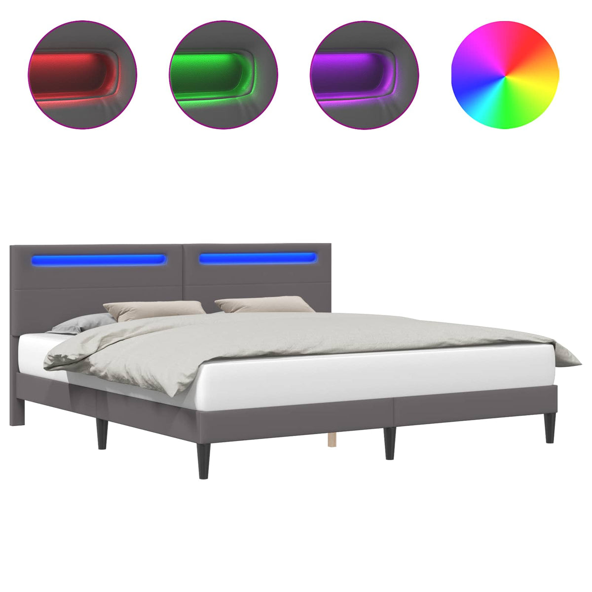 Sengestel med LED-lysstrimler Grå 200 x 200 cm Kunstlæder