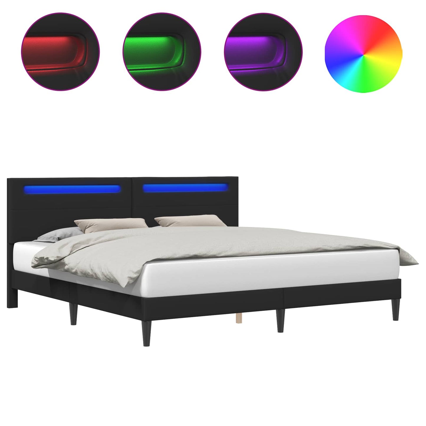Sengestel med LED-lysstrimler Sort 200 x 200 cm Kunstlæder