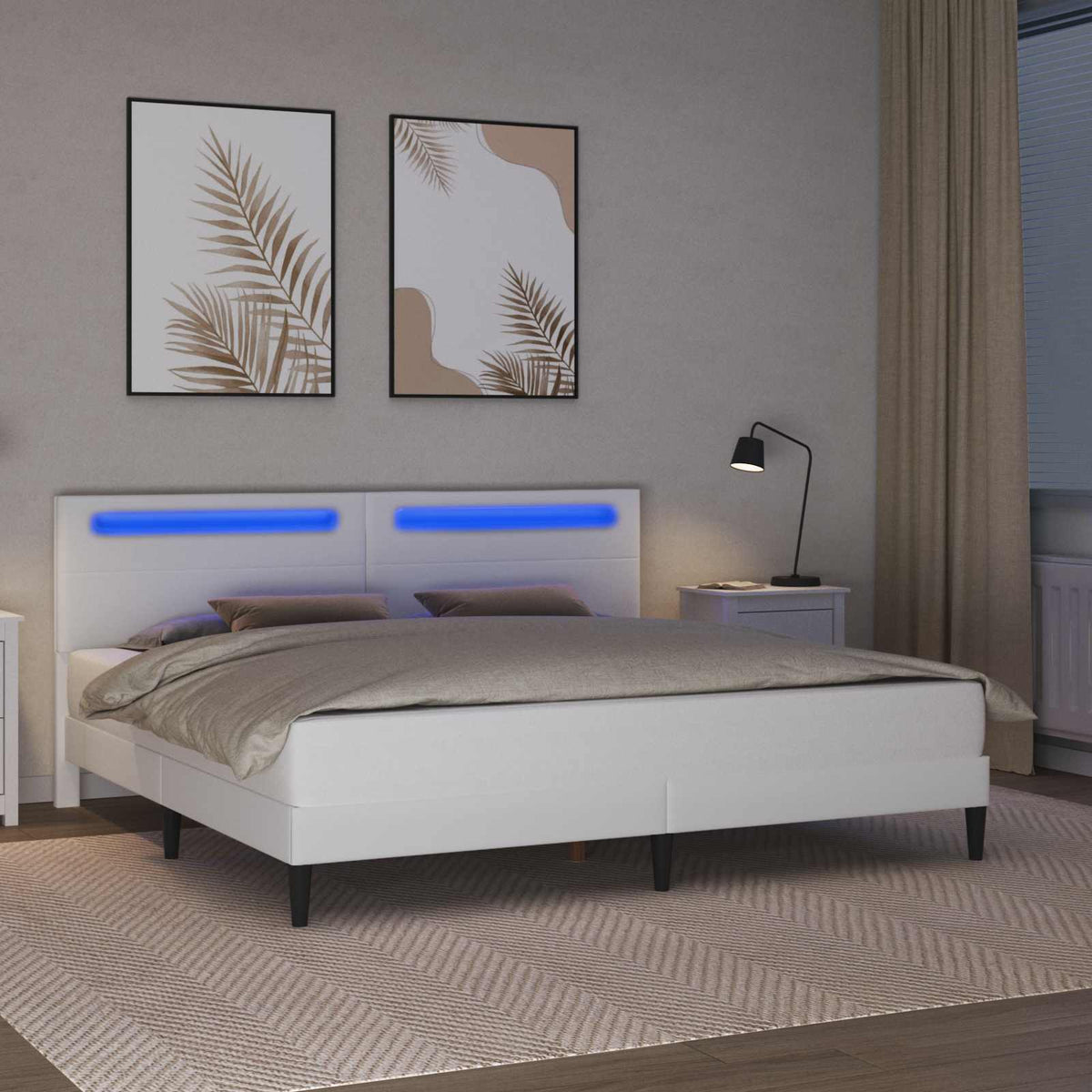 Sengestel med LED-lysstrimler Hvid 200 x 200 cm Kunstlæder