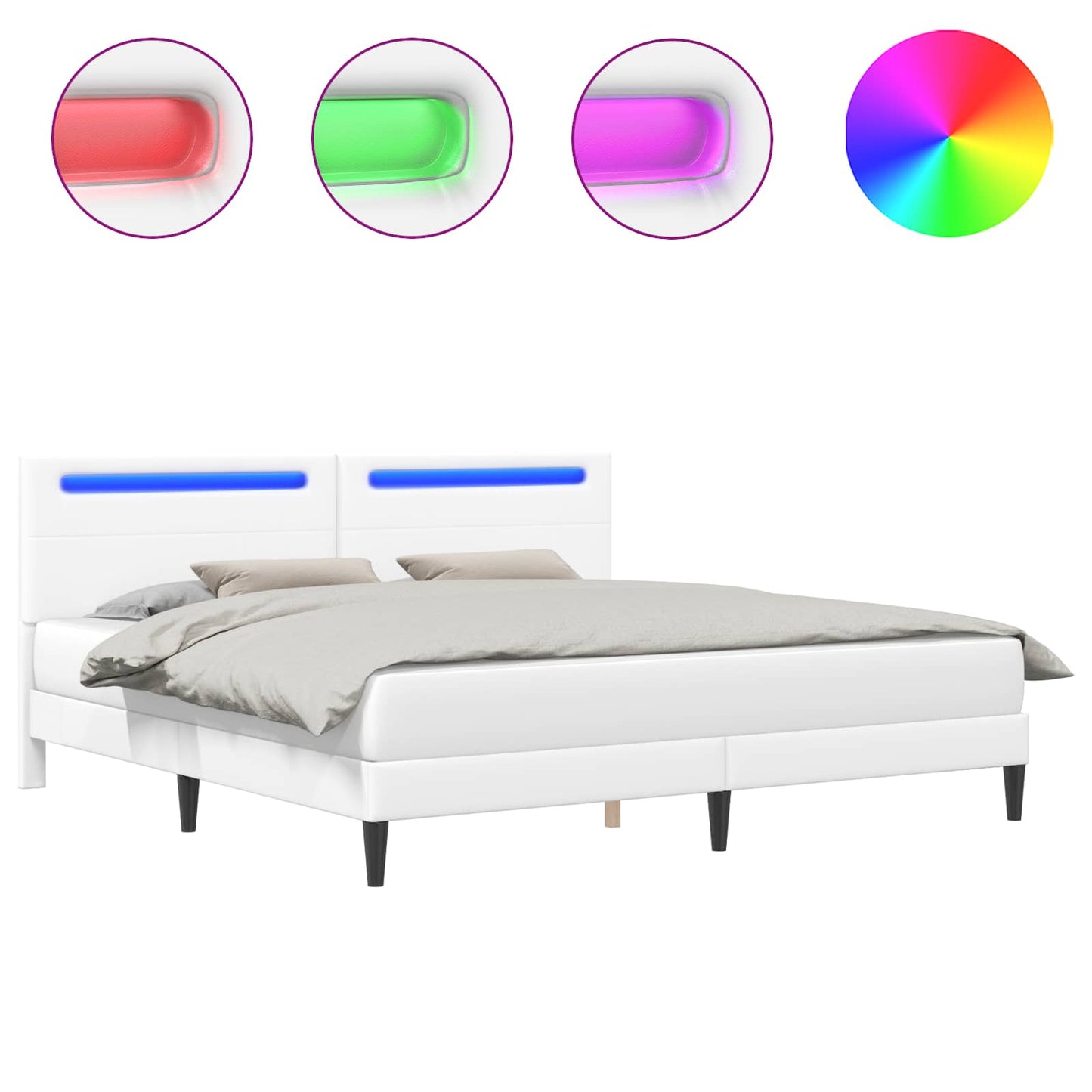 Sengestel med LED-lysstrimler Hvid 200 x 200 cm Kunstlæder