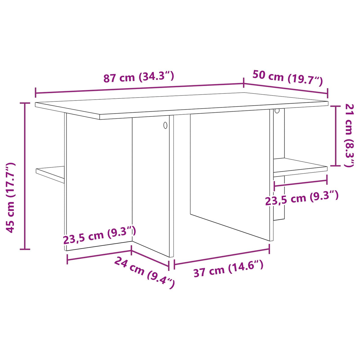 Sofabord Sonoma-eg 87 x 50 x 45 cm Konstrueret træ