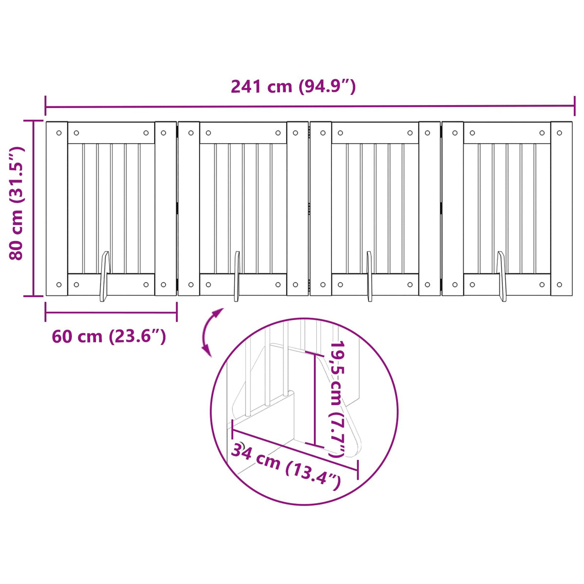 Sammenklappelig hundegitter med stativer 4 stk. Sort eg 241 cm
