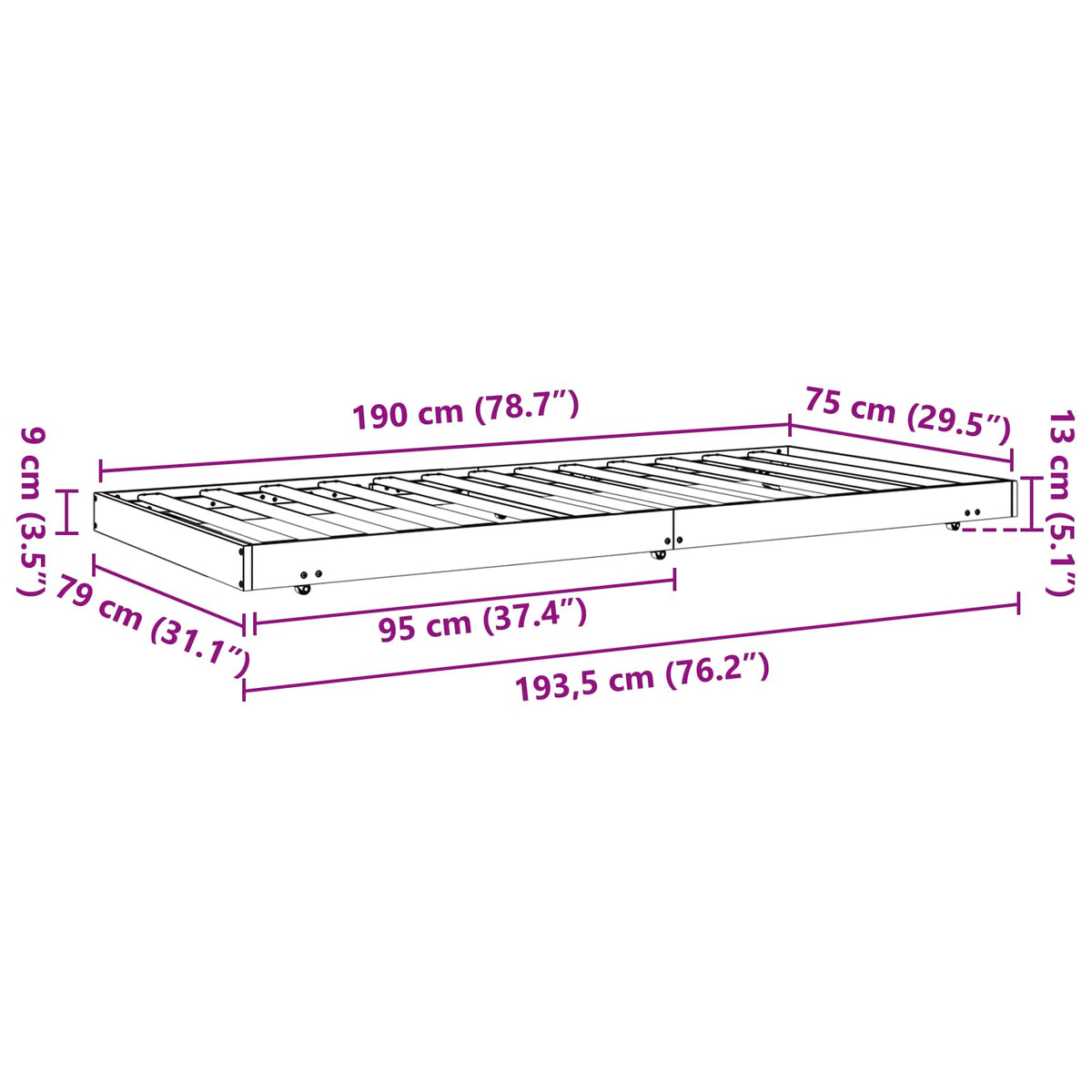 Sengestel med hjul Voks brun 70 x 190 cm Massiv fyrretræ