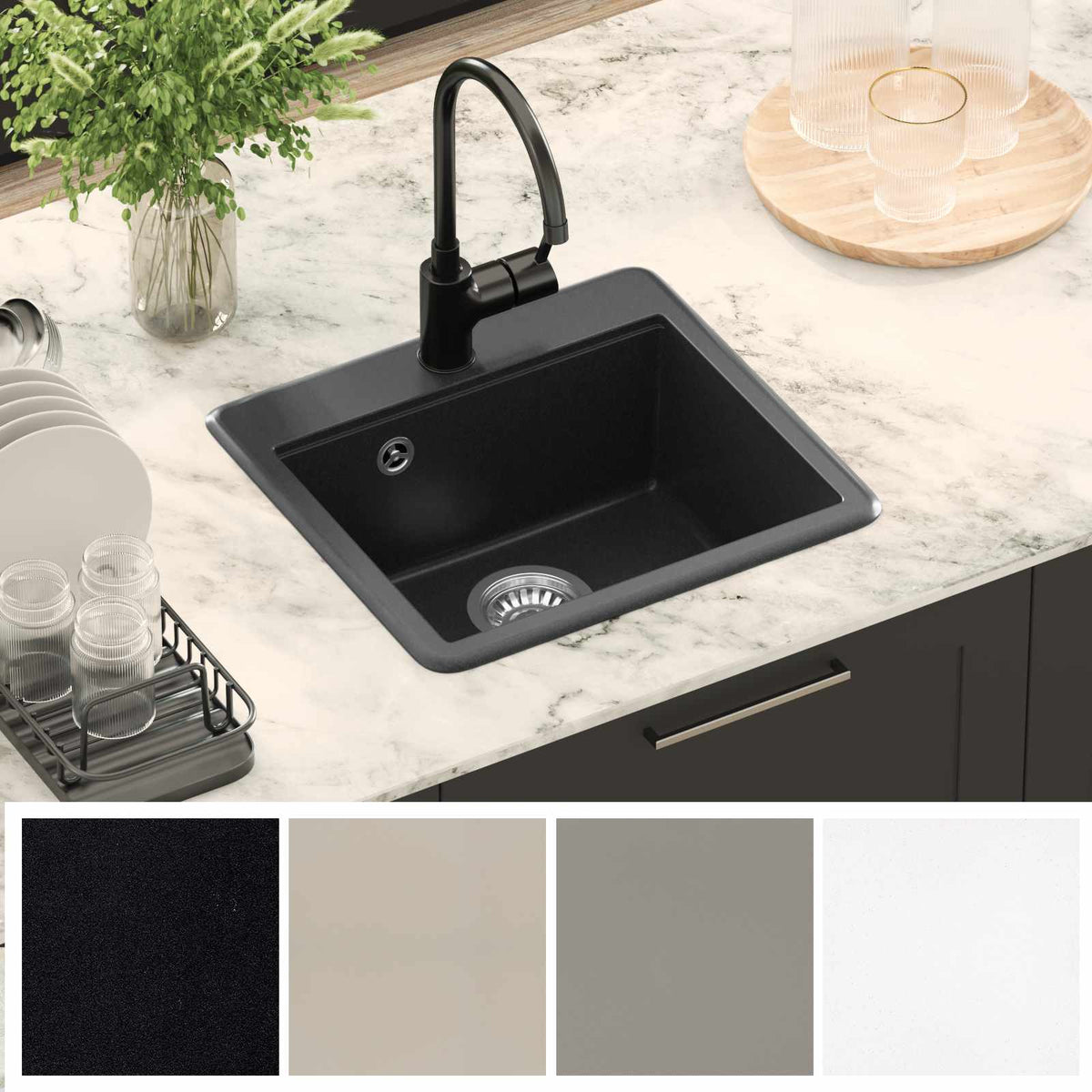 Vask 80% Kvarts og 20% Resin 470 x 440 mm Sort