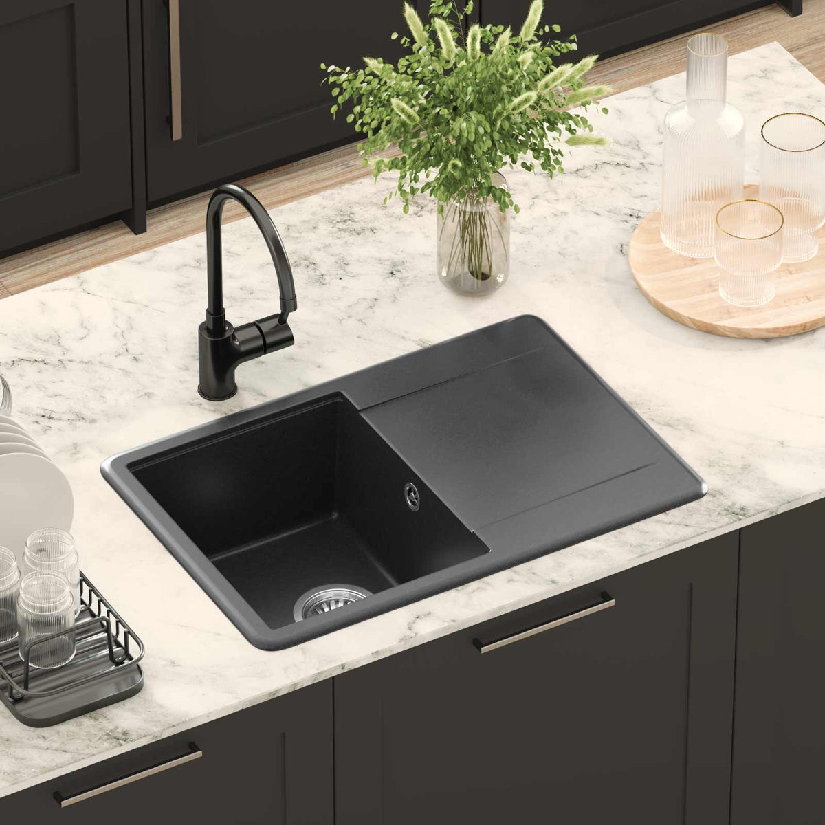 Vask 80% Kvarts og 20% Resin 670 x 460 mm Sort