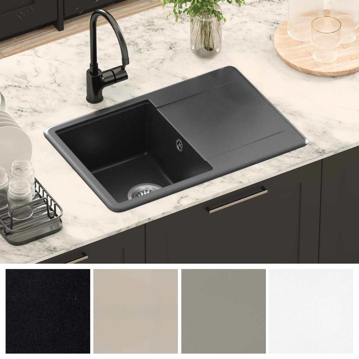 Vask 80% Kvarts og 20% Resin 670 x 460 mm Sort