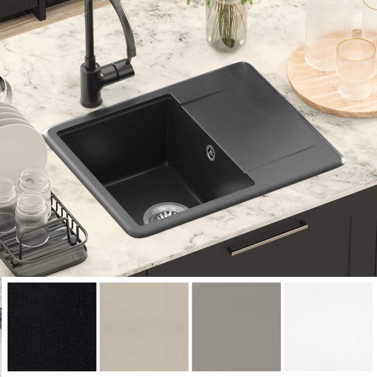 Vask 80% Kvarts og 20% Resin 560 x 460 mm Sort
