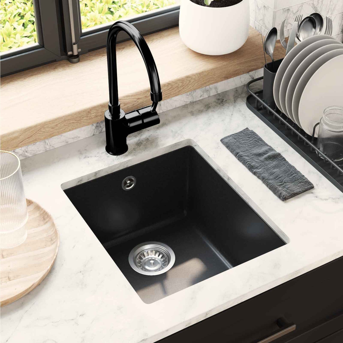 Vask 80% Kvarts og 20% Resin 370 x 460 mm Sort