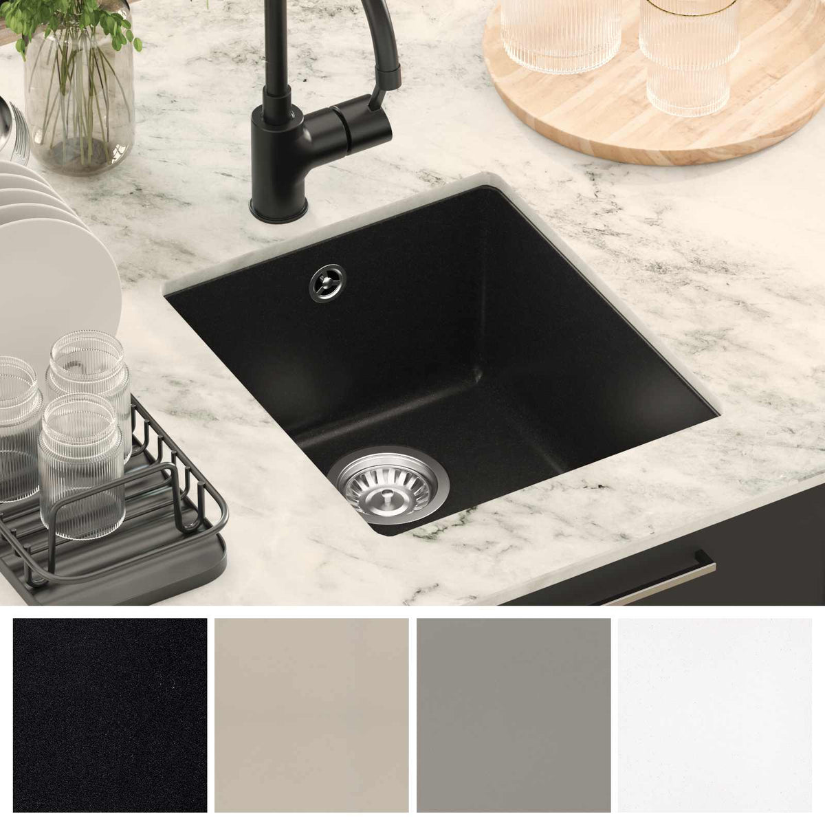 Vask 80% Kvarts og 20% Resin 370 x 460 mm Sort