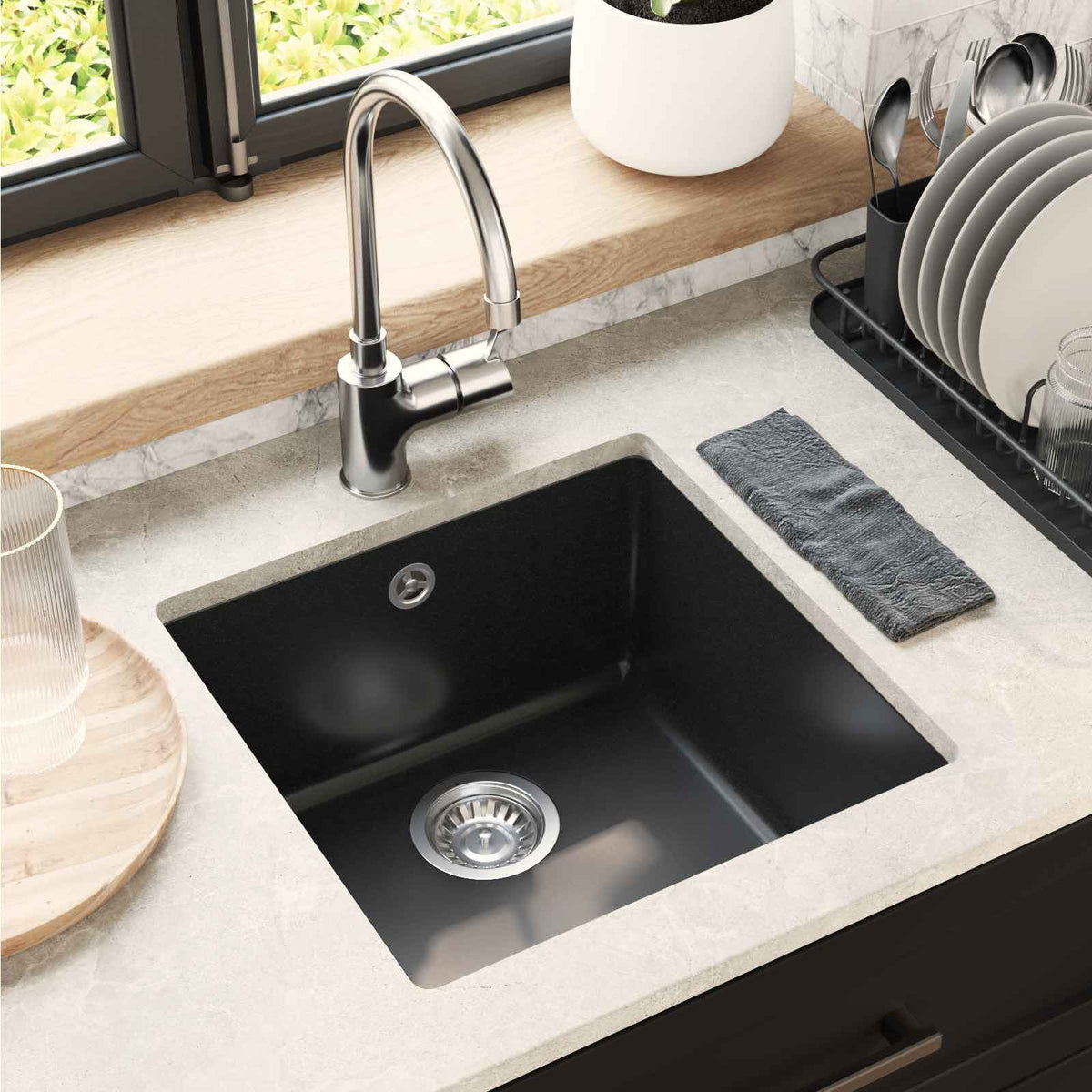 Vask 80% Kvarts og 20% Resin 430 x 460 mm Sort