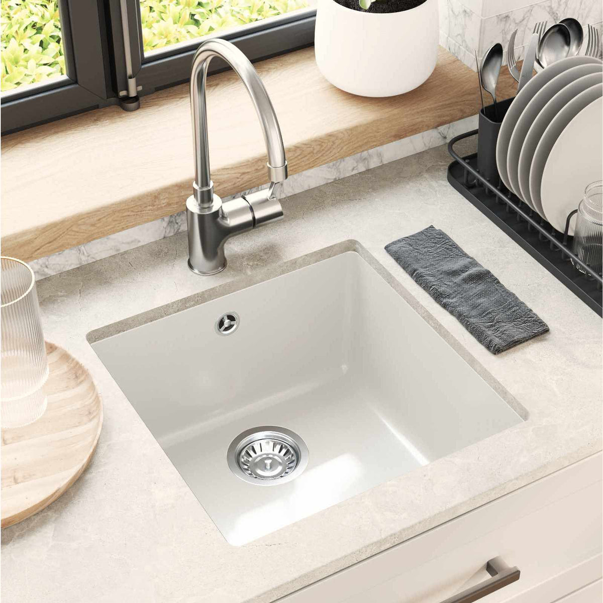 Vask 80% Kvarts og 20% Resin 430 x 460 mm Hvid
