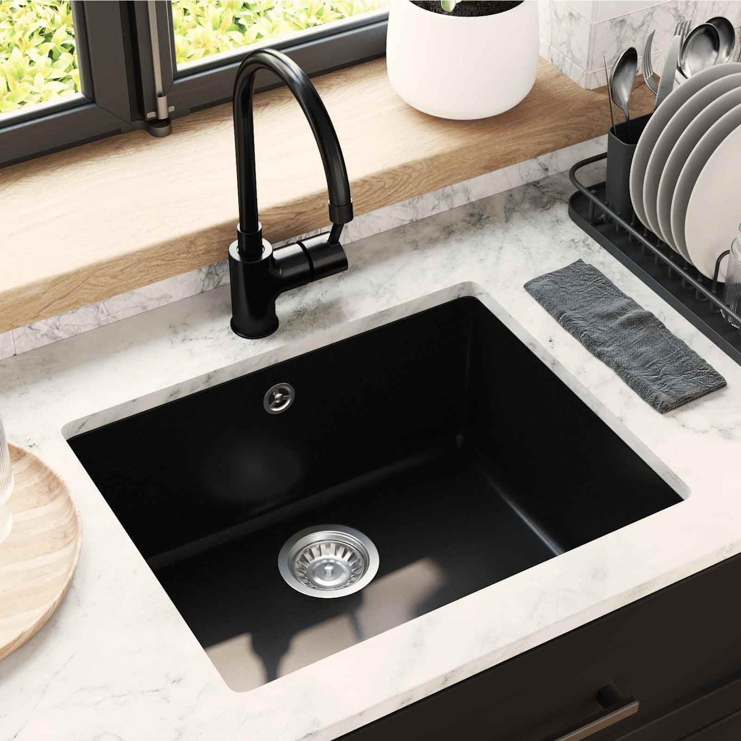 Vask 80% Kvarts og 20% Resin 530 x 460 mm Sort