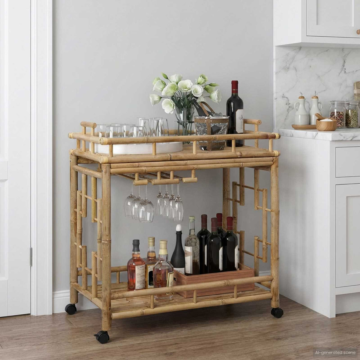 Vinvogn med hjul Naturfarvet 85 x 50 x 93 cm Bambus
