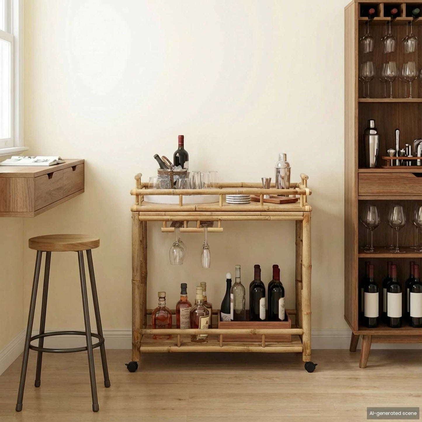 Vinvogn med hjul Naturfarvet 85 x 50 x 93 cm Bambus