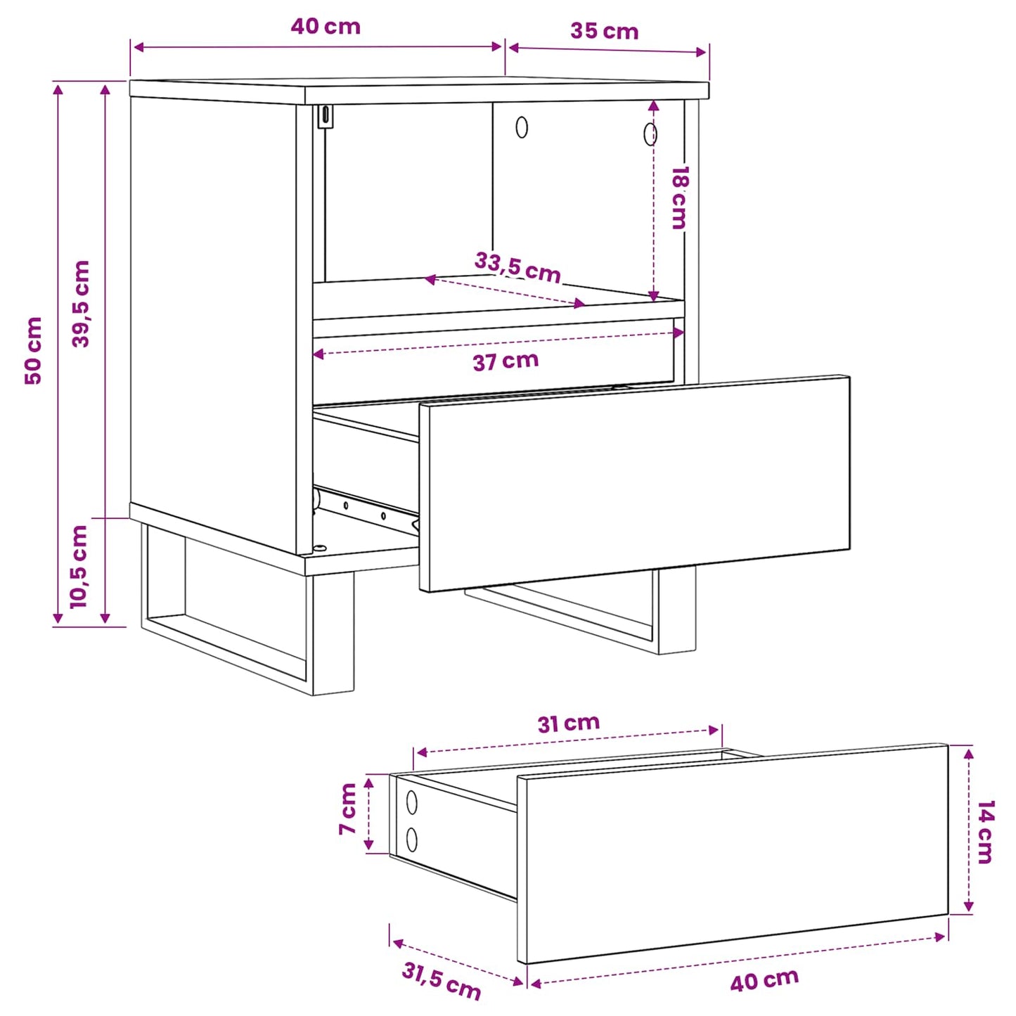 Sengeskab Sort eg 40 x 35 x 50 cm Konstrueret træ