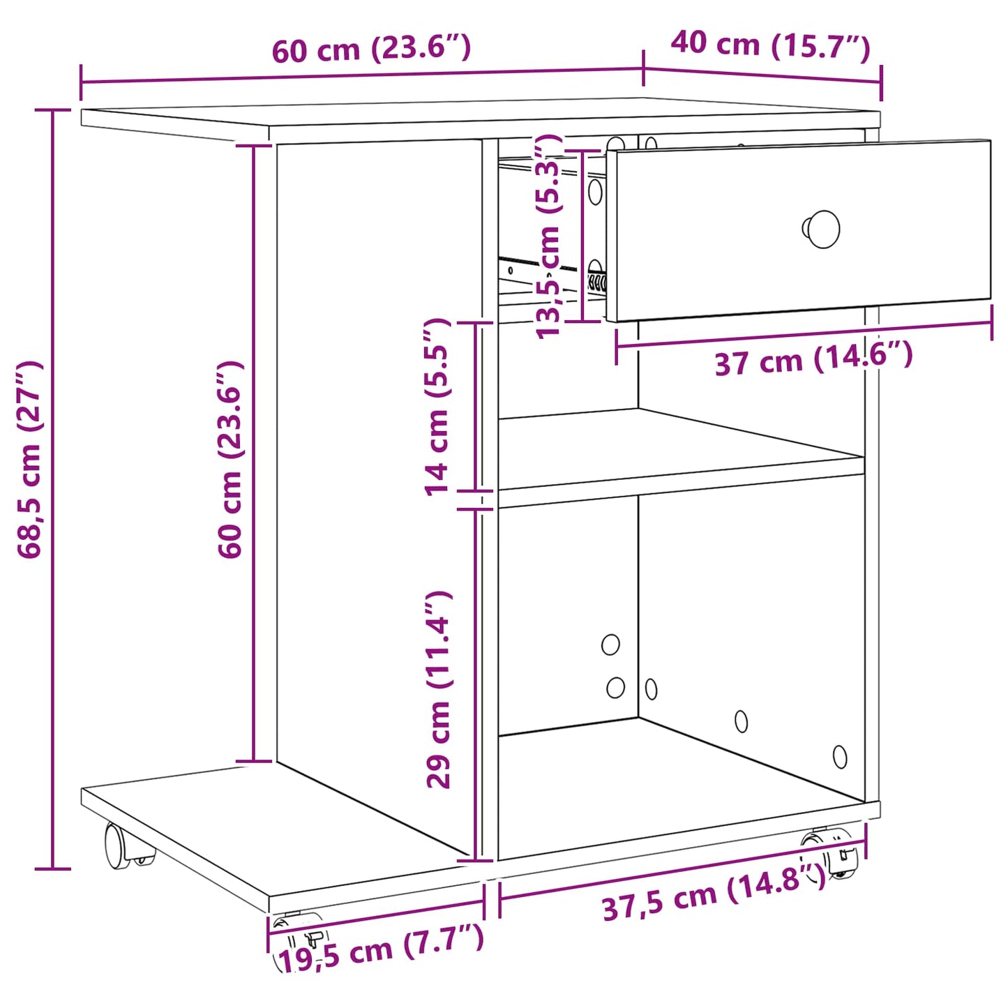 Printerstand Gammelt træ 60 x 40 x 68,5 cm Konstrueret træ