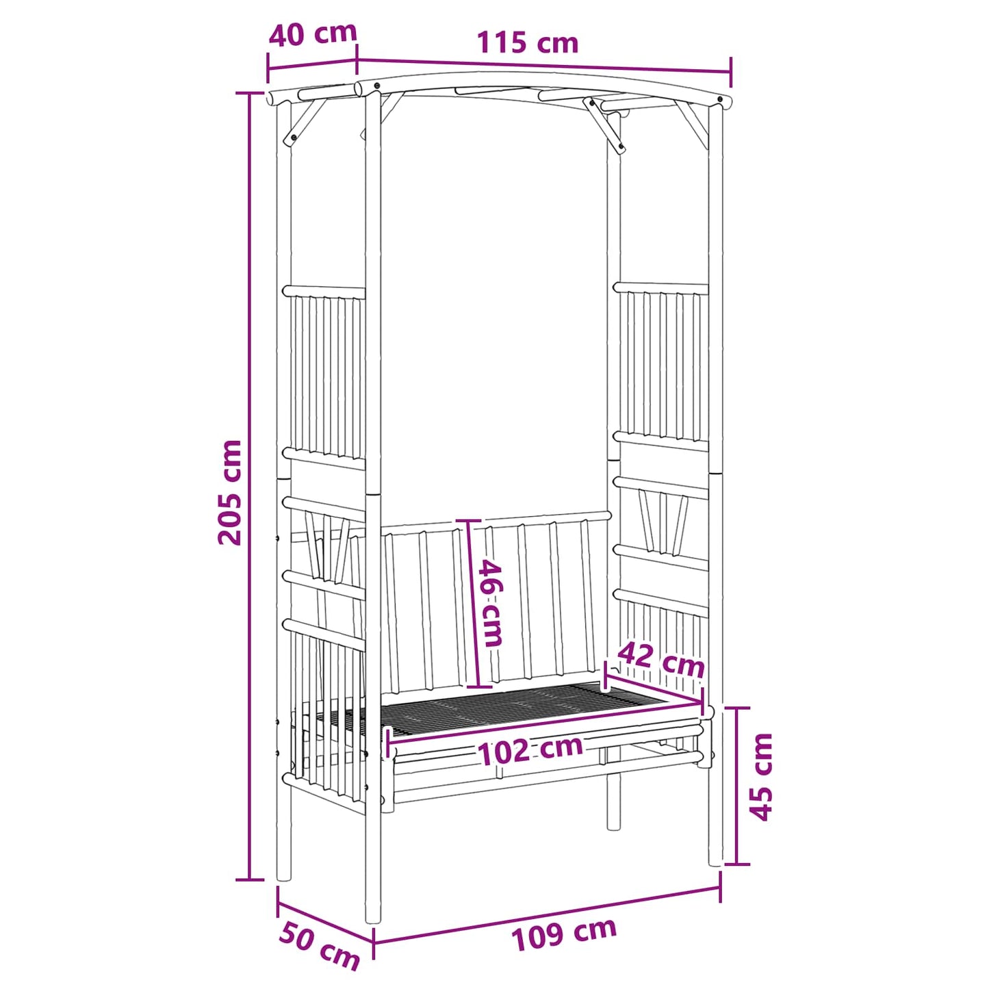 Havebue med Bænk 115 x 50 x 205 cm Bambus