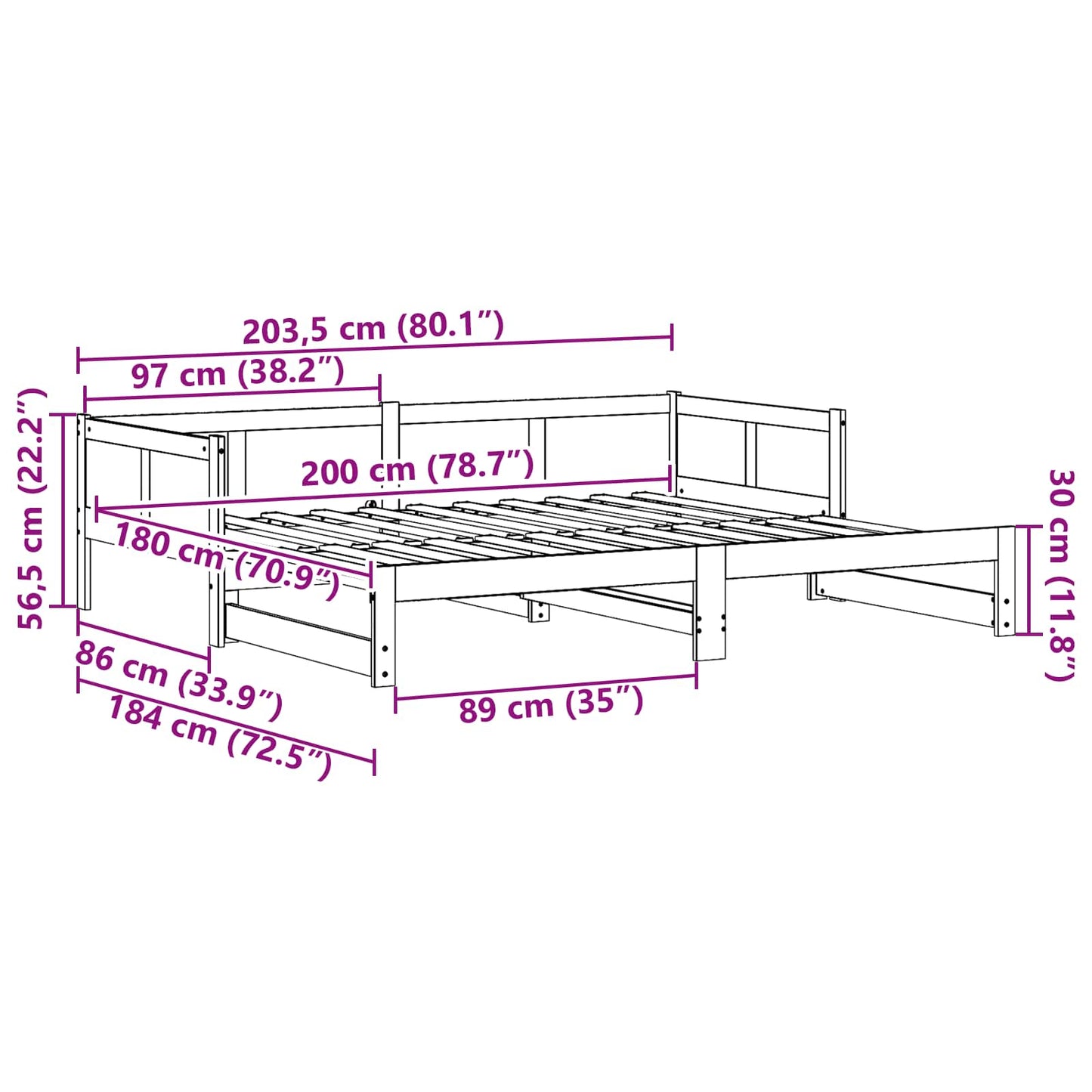 Utrækkelig Dag-seng Naturfarvet 180 x 200 cm Massiv fyrretræ