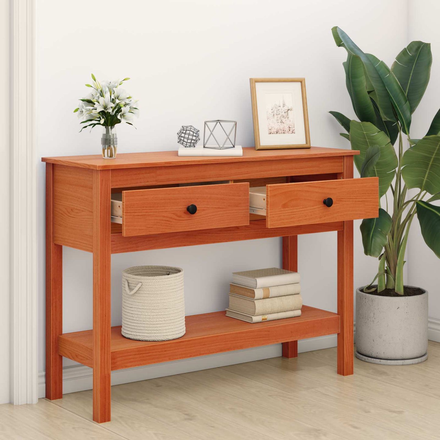 Konsolbord med skuffe Voks brun 100 x 35 x 75 cm Solid Fyrretræ