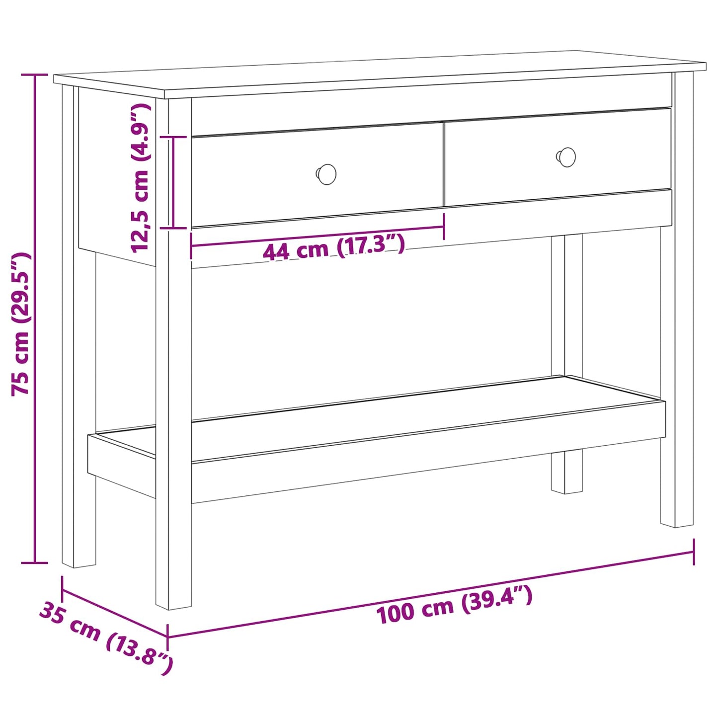 Konsolbord med skuffe Voks brun 100 x 35 x 75 cm Solid Fyrretræ
