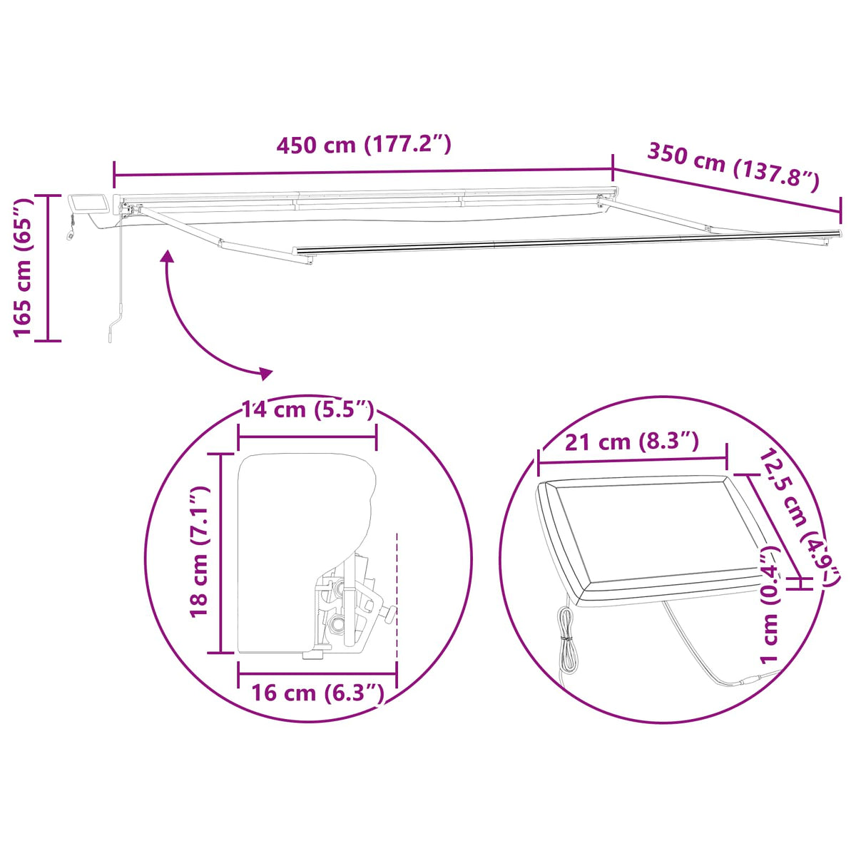 Manuel markise-ramme med LED-lys Hvid 4,5 × 3,5 m Aluminium