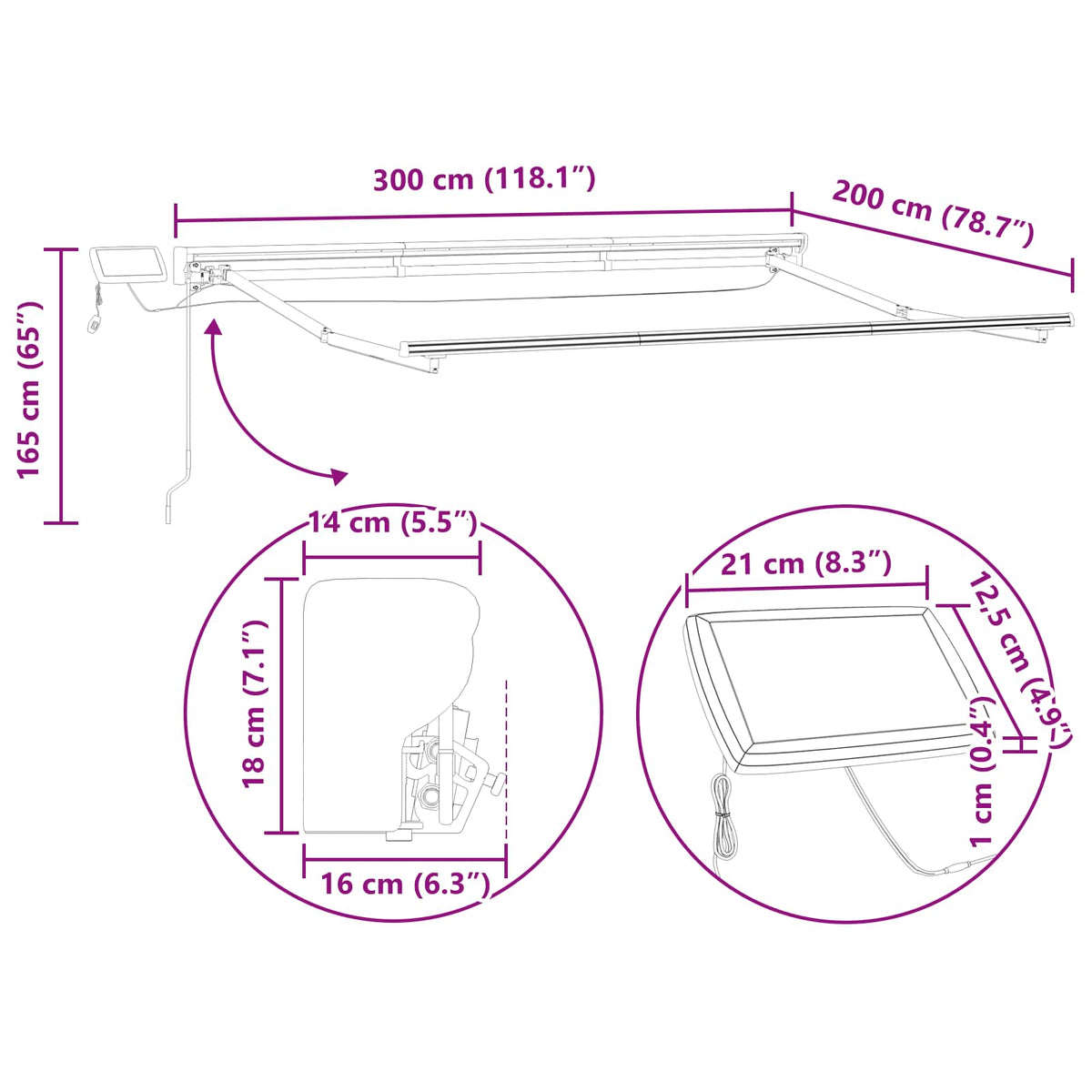 Manuel markise-ramme med LED-lys Antracit 3 x 2 m Aluminium
