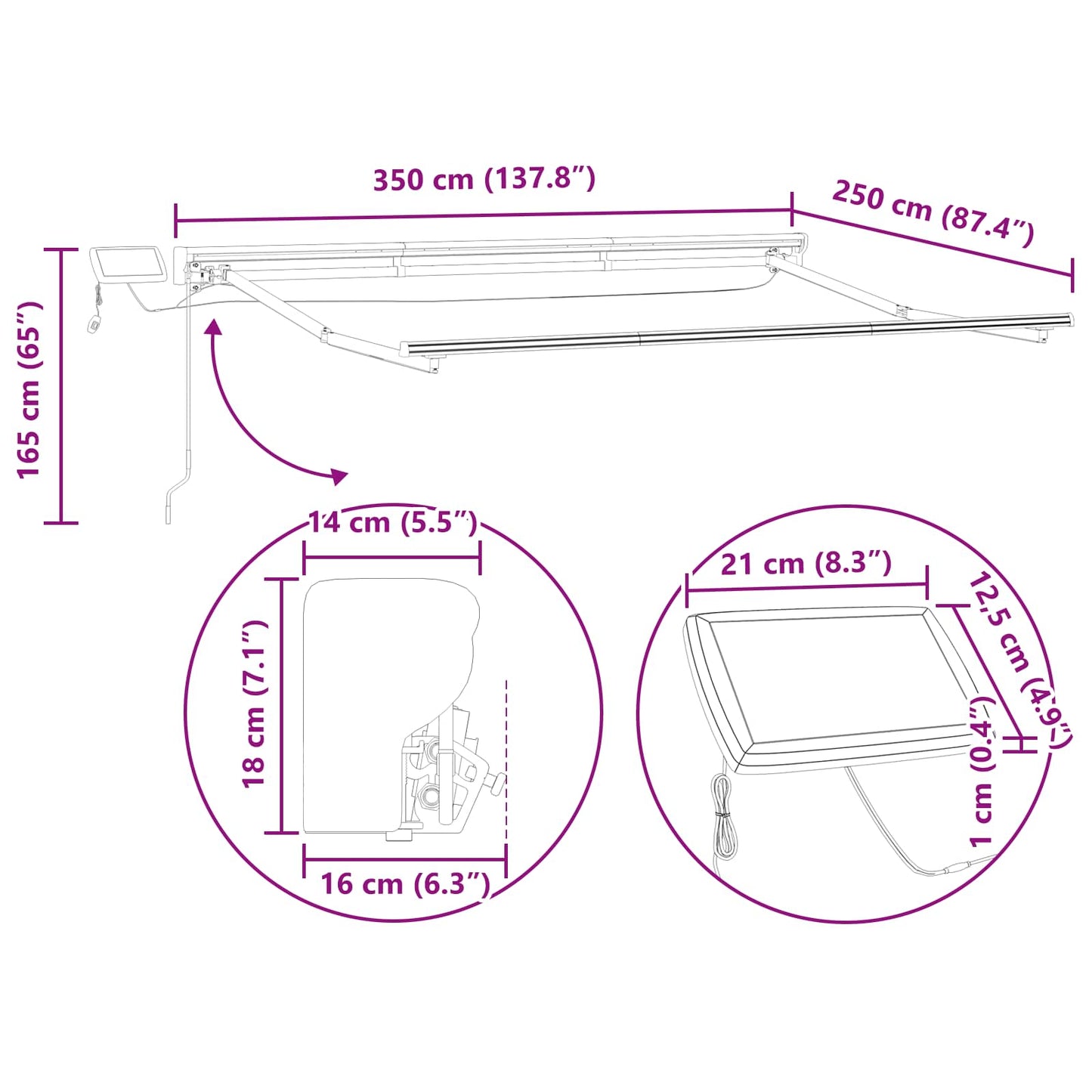 Manuel markise-ramme med LED-lys Antracit 3,5 x 2,5 m Aluminium