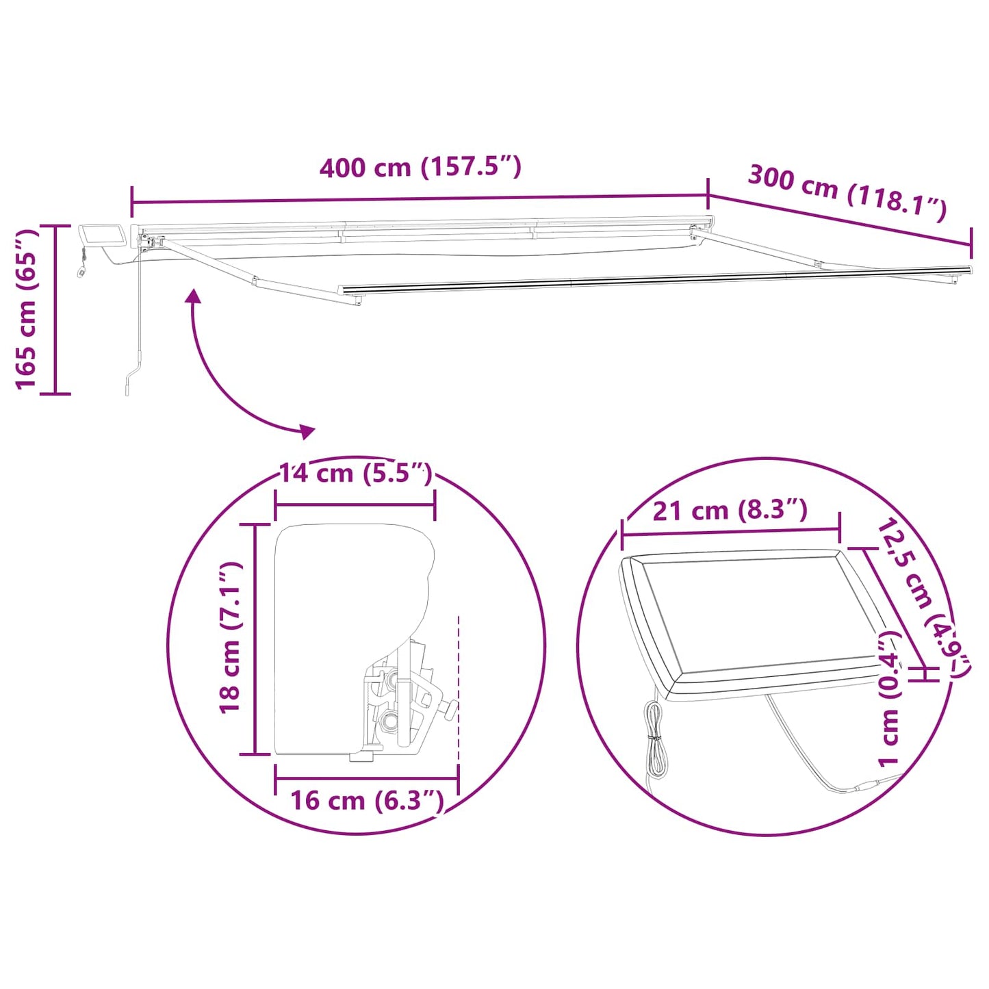 Manuel markise-ramme med LED-lys Antracit 4 × 3 m Aluminium