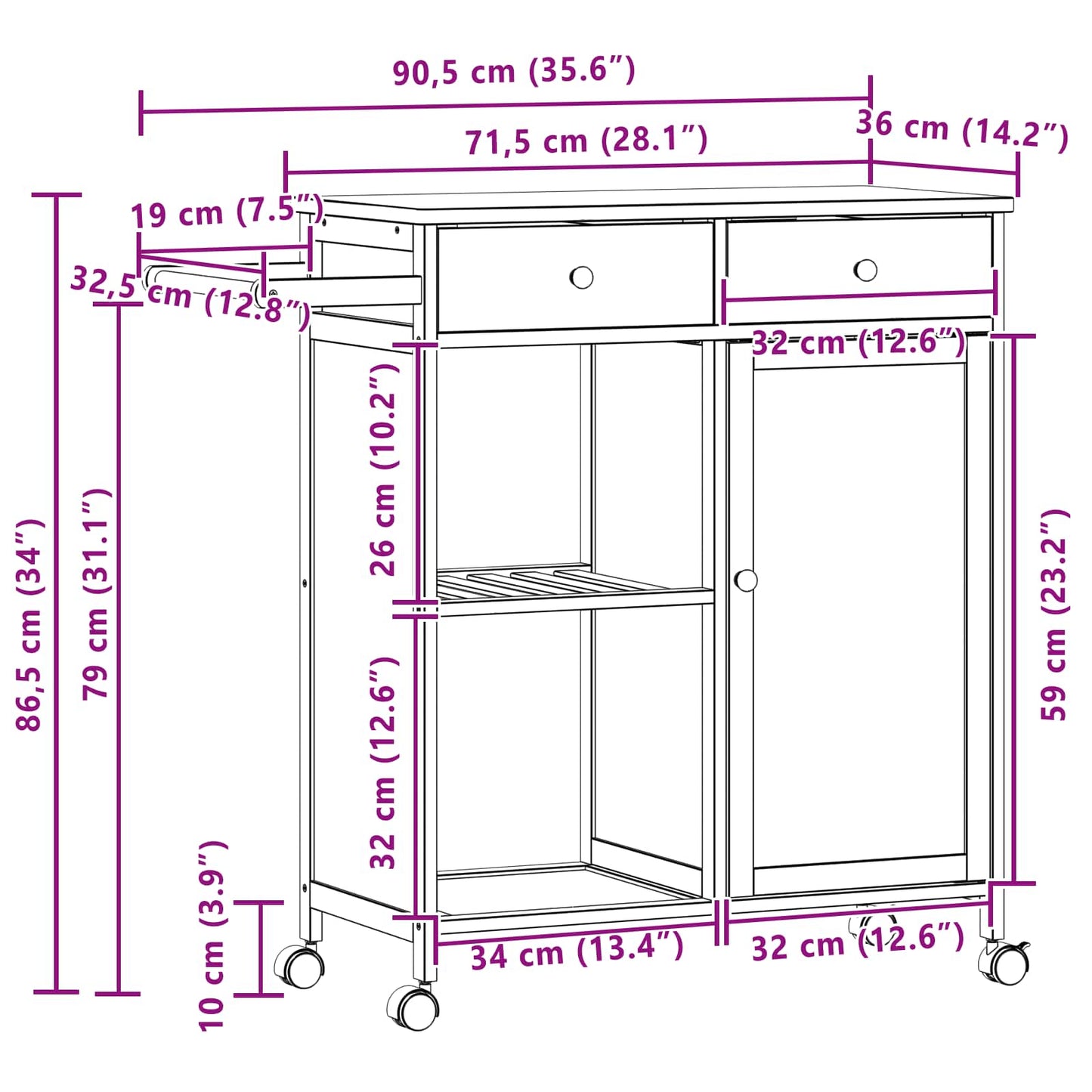 Køkkenvogn med hjul Naturfarvet 90,5 x 36 x 86,5 cm Bambus