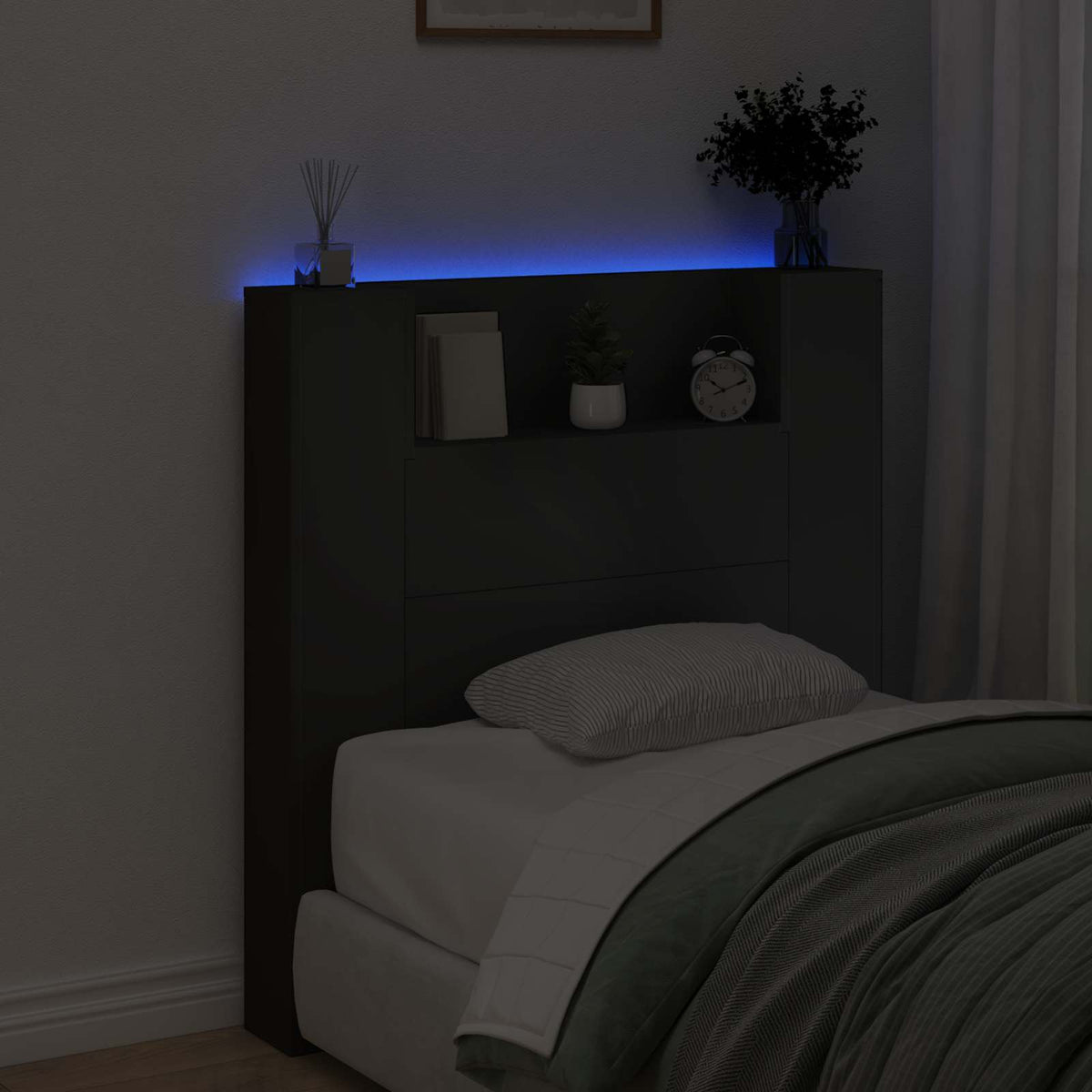 Opbevarings senggavl med LED Sort Konstrueret træ
