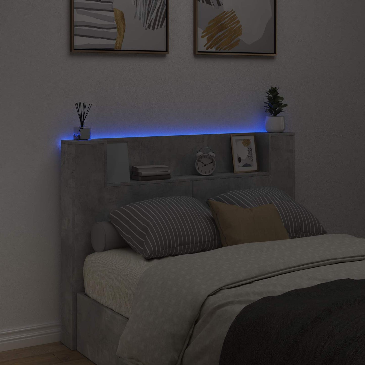 Opbevarings senggavl med LED Betongrå Konstrueret træ