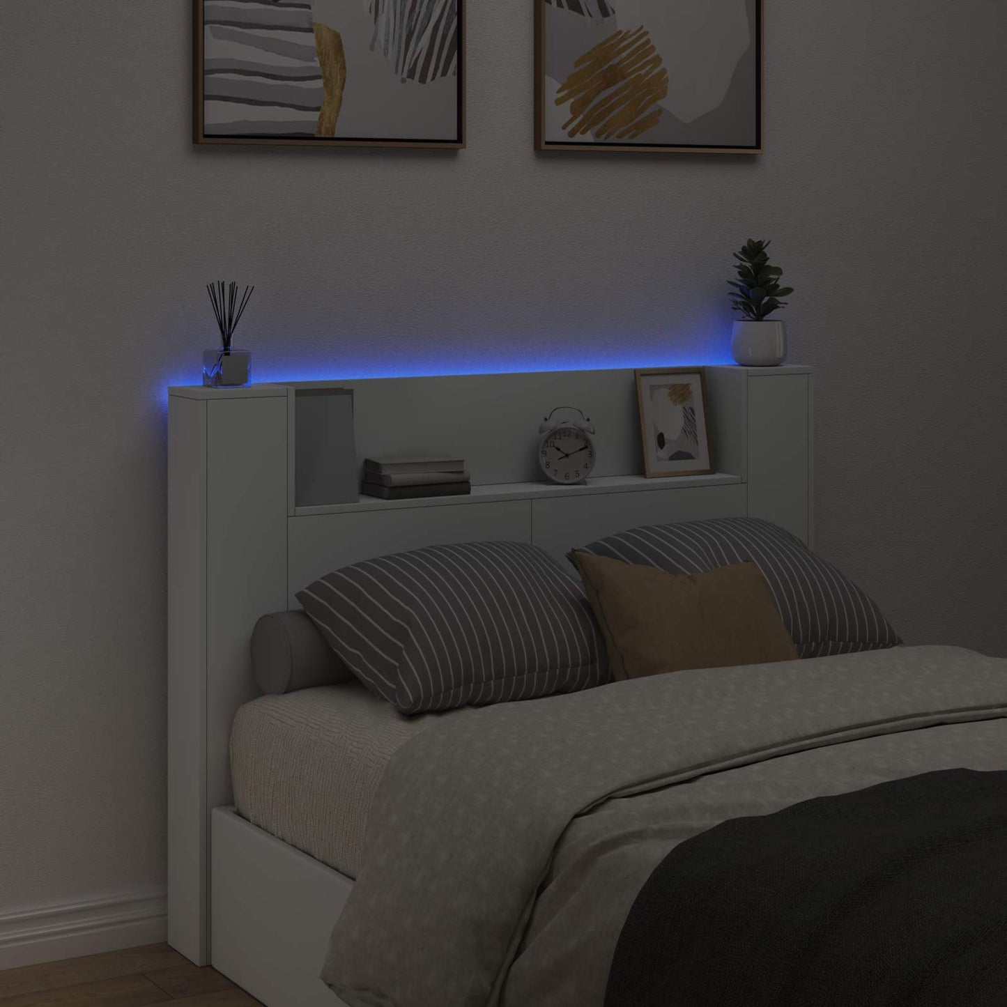 Opbevarings senggavl med LED Hvid Konstrueret træ