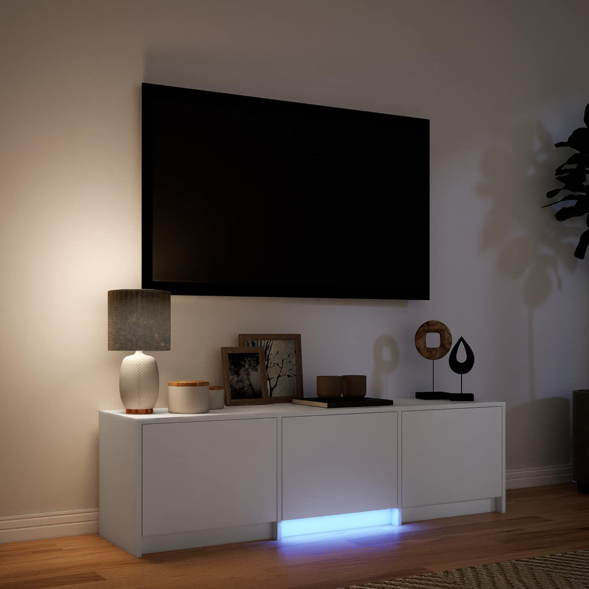 TV-bord med LED 140 x 34 x 40 cm Hvid Konstrueret træ