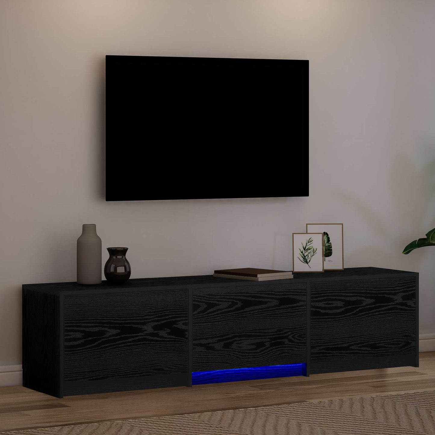 TV-bord med LED Sort Eg 165 x 34 x 40 cm Konstrueret træ
