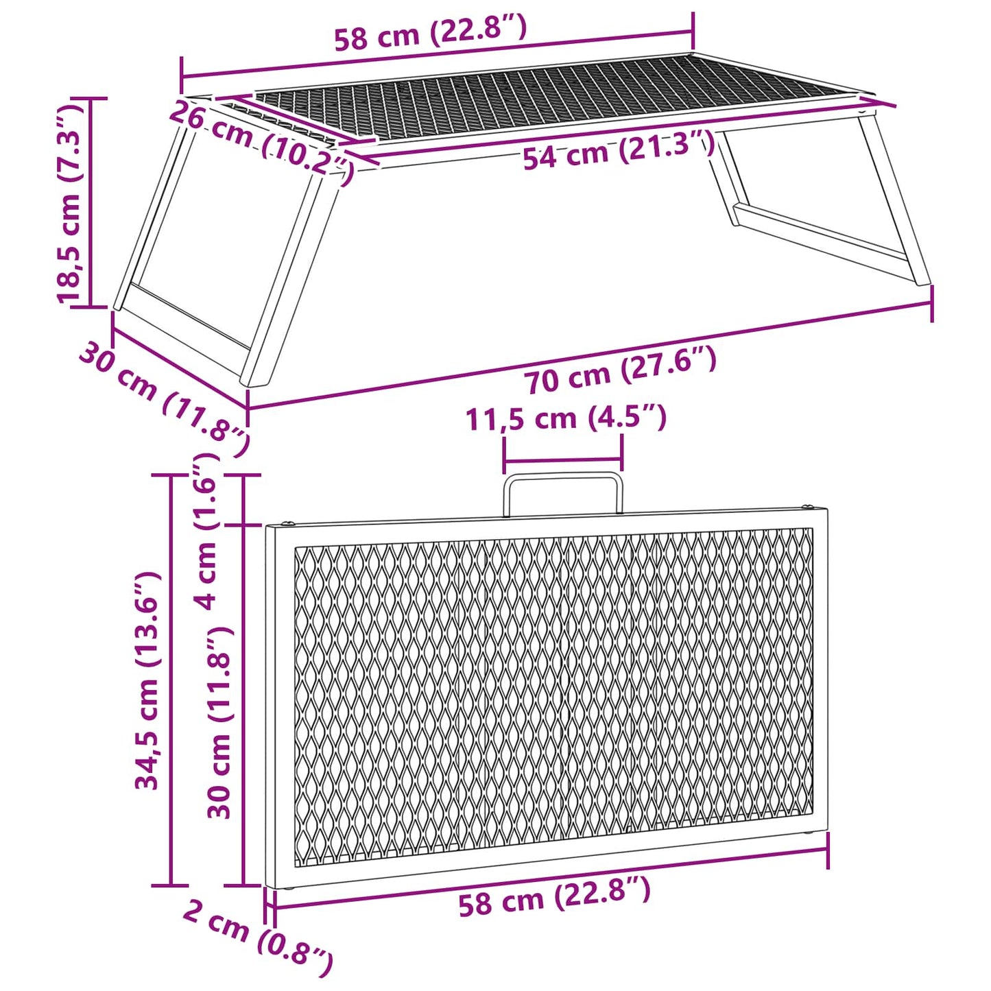 Foldbart Camping Grill 58 x 31 x 2 cm Legeret Stål Sort