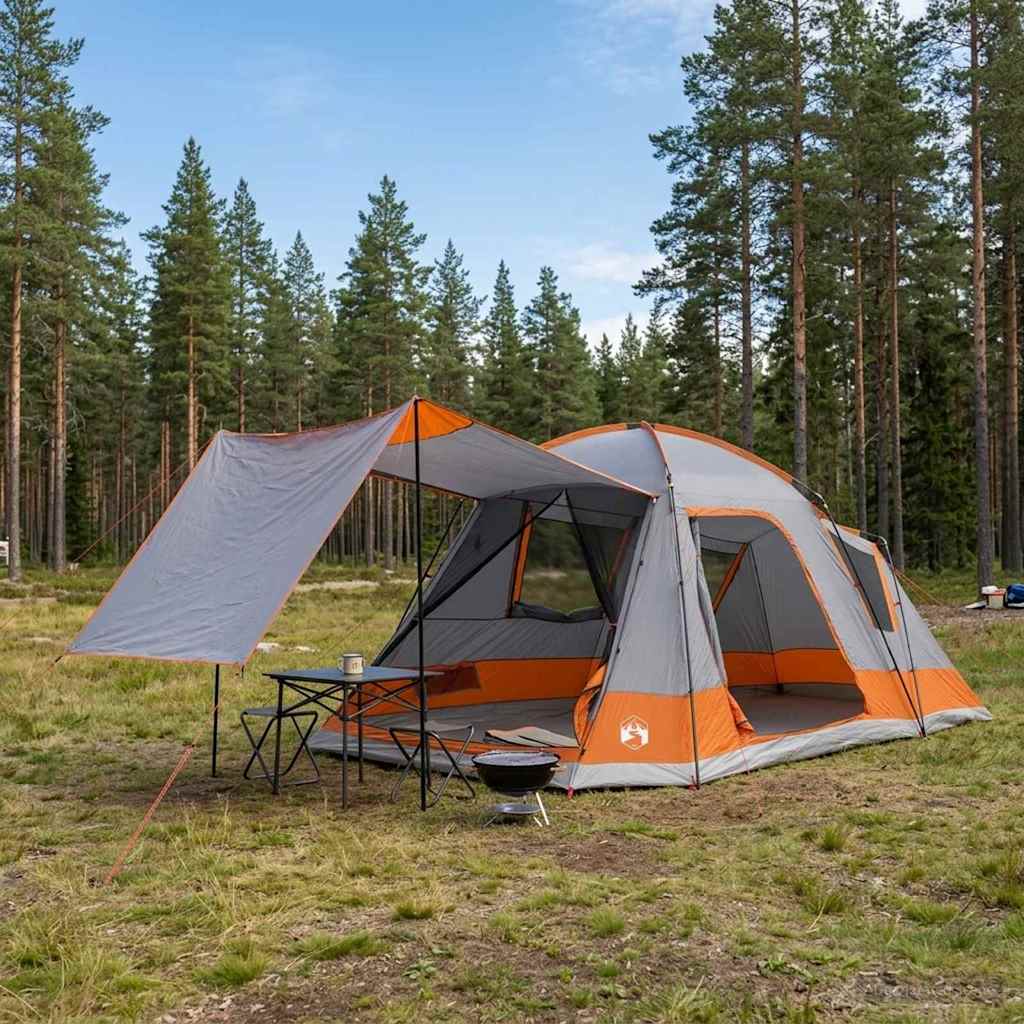 Hyttetelt med tag Grå og orange 12-person Polyester og Stål