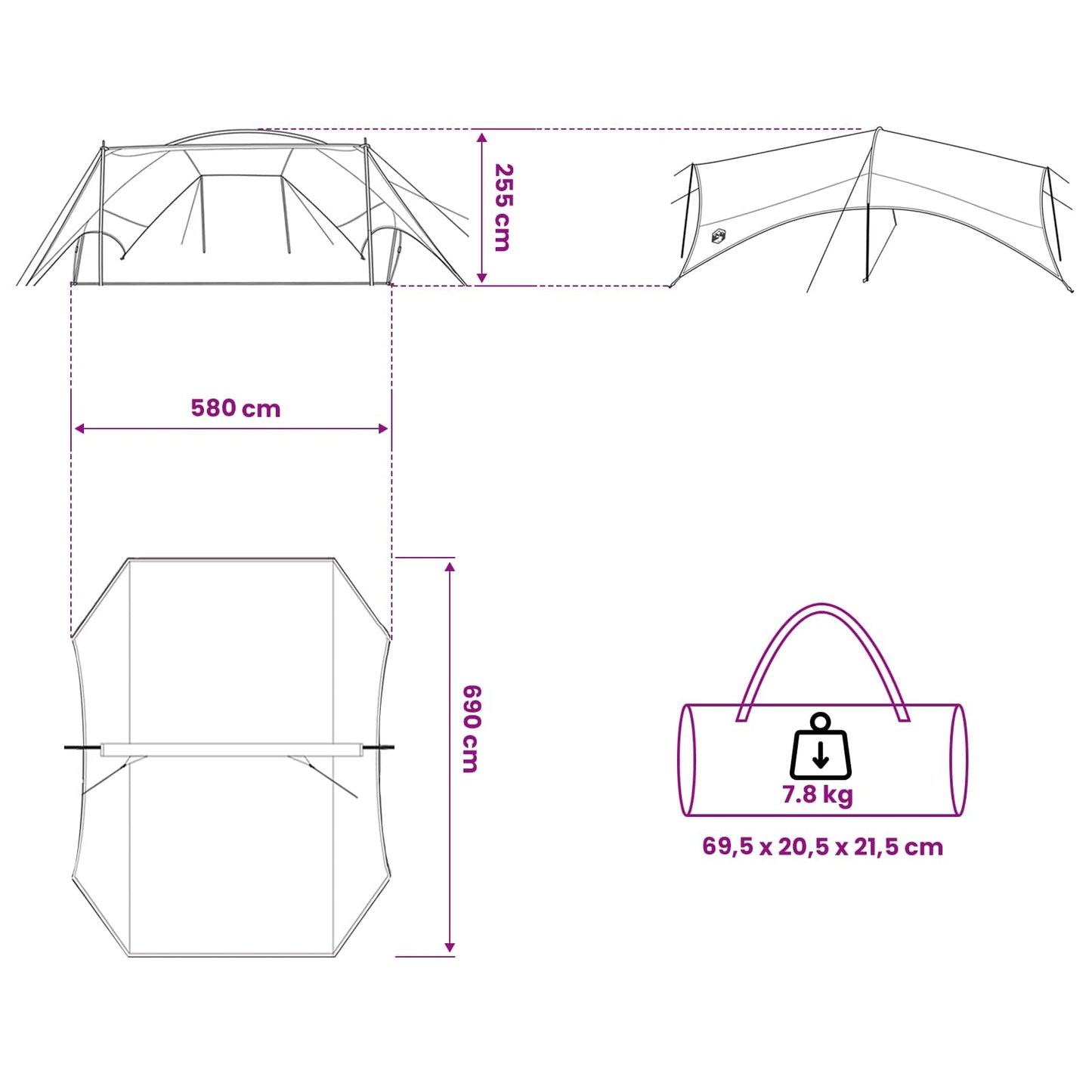 Camping tarp vandafvisende Army Grøn 695 x 580 x 200 cm