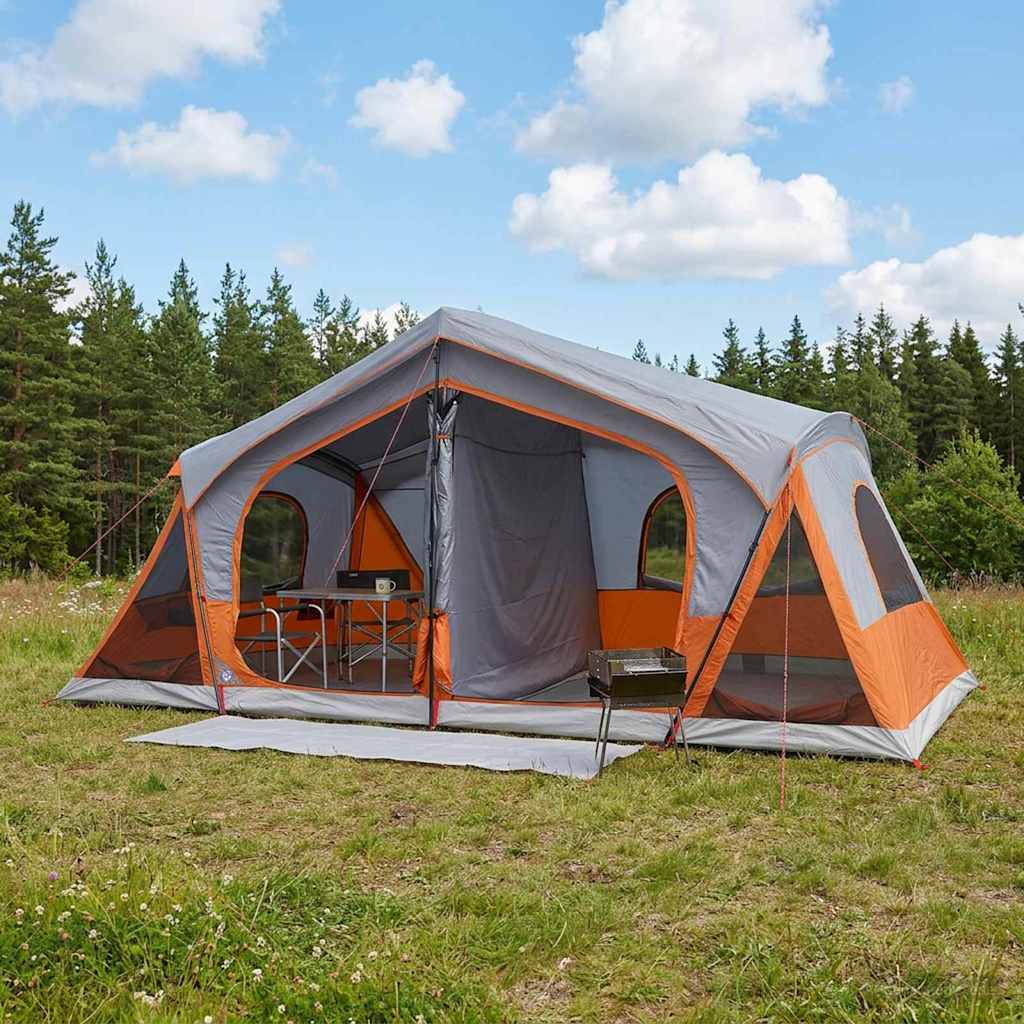 Hyttetelt Grå og orange 10-personers Polyester og Stål