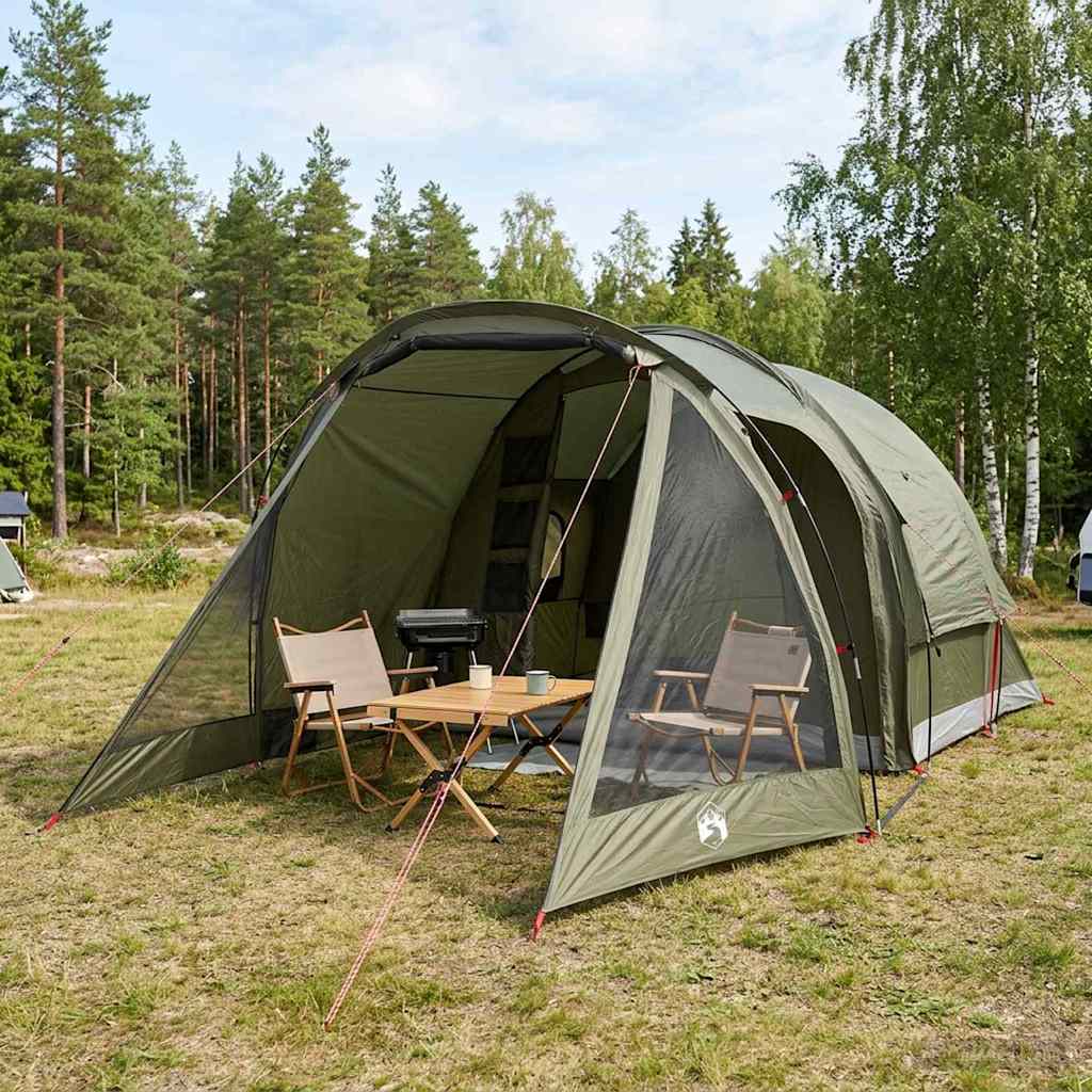 Hyttetelt 4-personers Olivengrøn Polyester og Stål