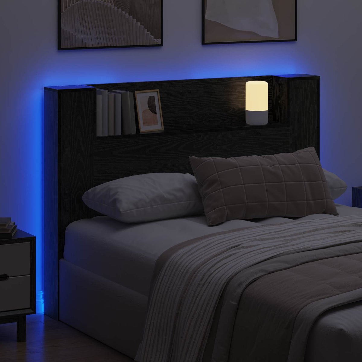 Hovedgærde kabinet med LED Sort Eg Konstrueret træ